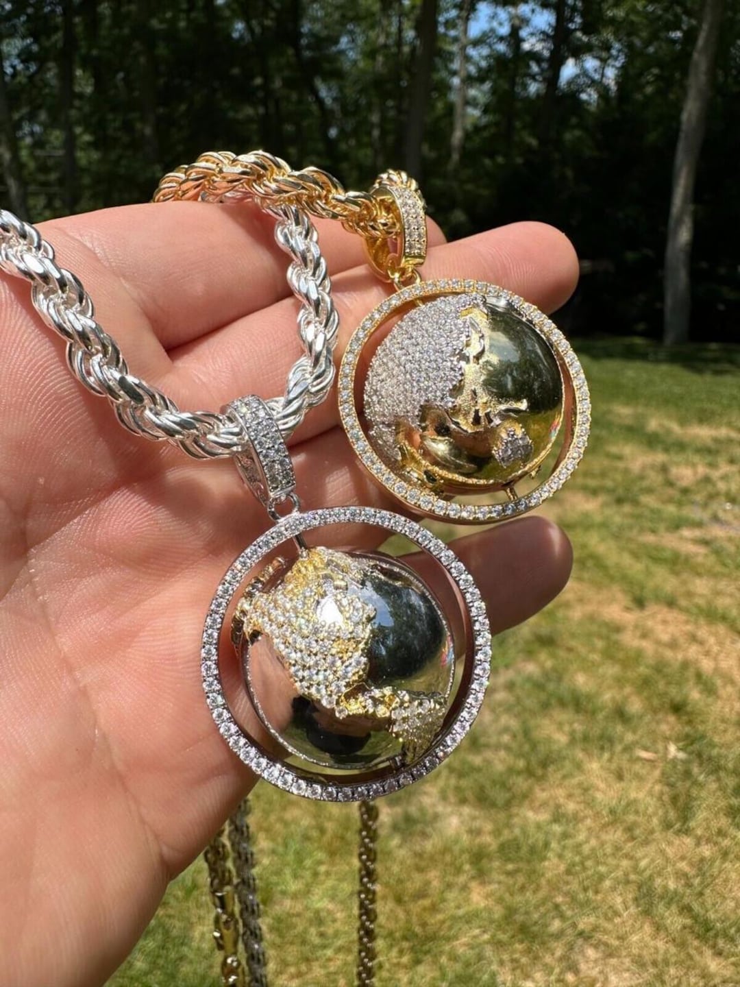 MOISSANITE Spinning Globe Real 925 Silver Iced Pendant Necklace 3D