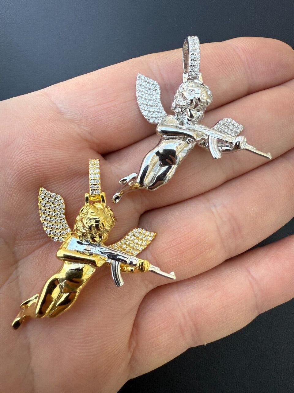 MOISSANITE Angel W. AK47 Gun Pendant - 14k Yellow Gold Vermeil or