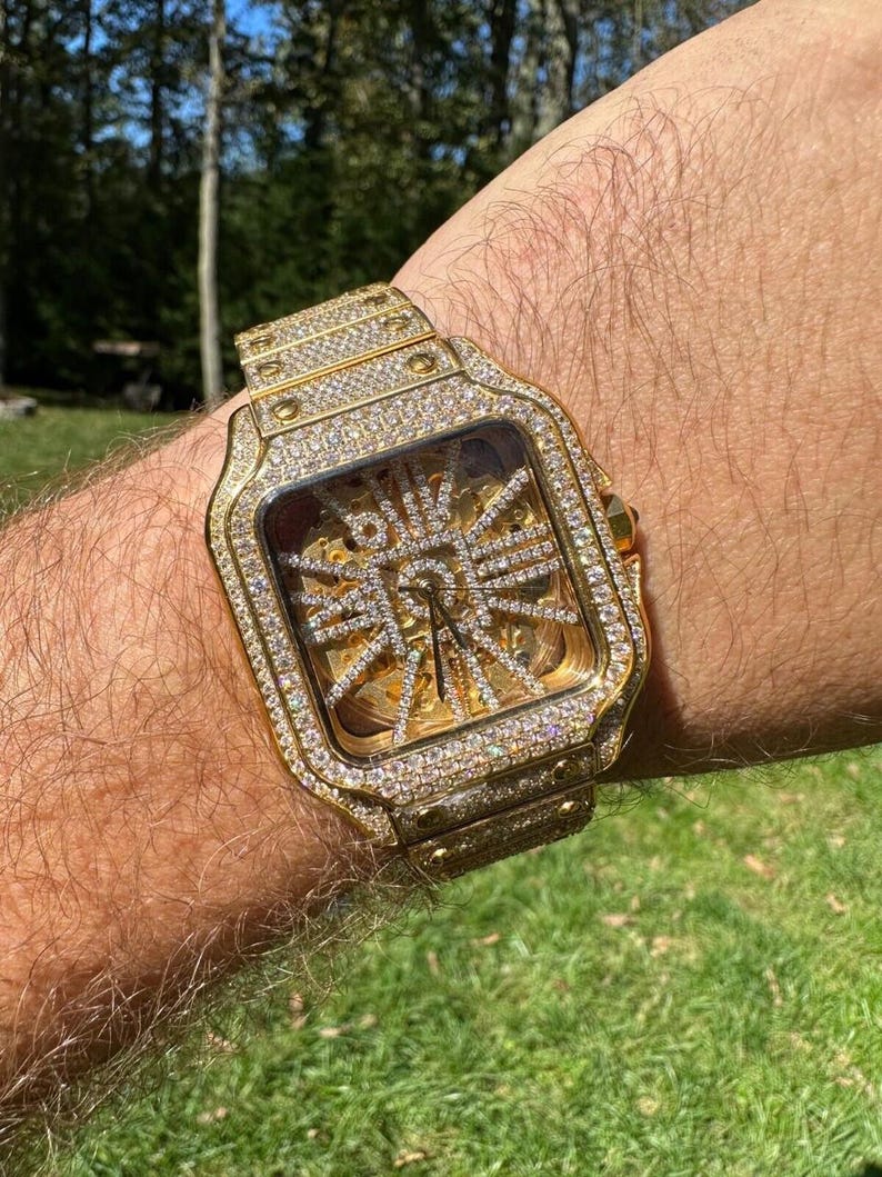 Real Mens MOISSANITE 14k Gold Watch Iced Automatic Movement Skeleton immagine 2