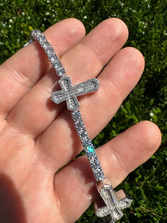 Real Solid 925 Silver Iced CZ Cross Shape Tennis Bracelet Mens