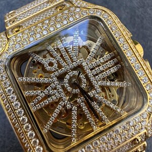 Real Mens MOISSANITE 14k Gold Watch Iced Automatic Movement Skeleton immagine 10