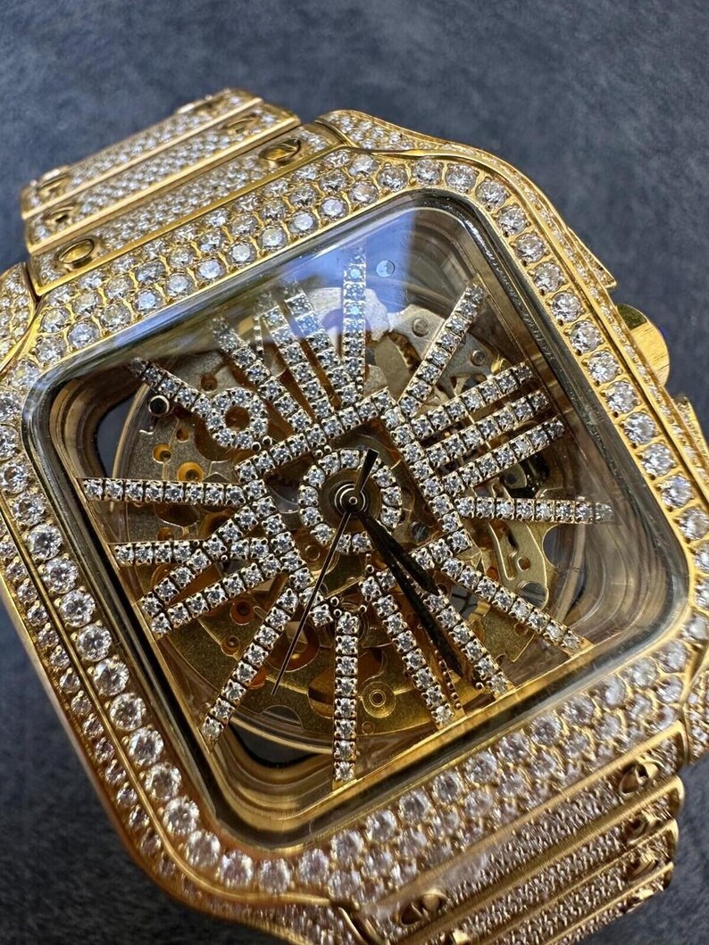 Real Mens MOISSANITE 14k Gold Watch Iced Automatic Movement Skeleton immagine 10