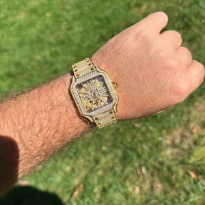 Real Mens MOISSANITE 14k Gold Watch Iced Automatic Movement Skeleton immagine 4