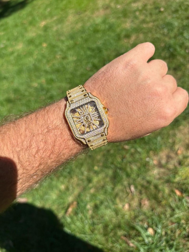 Real Mens MOISSANITE 14k Gold Watch Iced Automatic Movement Skeleton immagine 4