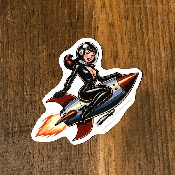 Retro pinup girl riding a rocket, vintage, retro, sticker, water proof sticker, water bottle sticker, laptop sticker, notebook sticker