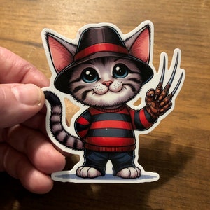 Freddy Kitty - A Nightmare on Meow Street - Horror Cat waterproof water bottle, laptop, notebook sticker, car decal