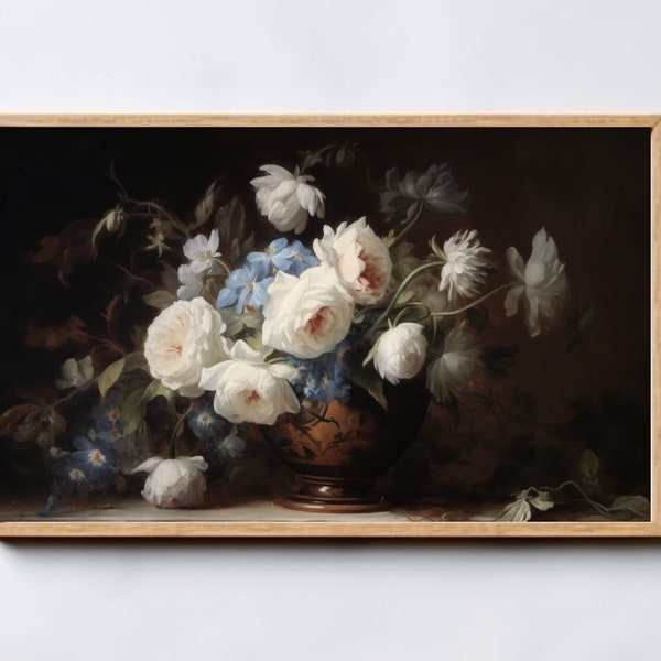 Flower Frame TV Art, Blue and White Flowers, Vintage Oil Painting Art for TV, Moody Floral Decor, Samsung Frame TV Digital Download