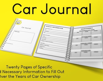Puede incluir: Un diario de coche en espiral con una cubierta en blanco y negro. La cubierta tiene el texto "Car Journal" y un pequeño icono de un coche. El diario está abierto para mostrar páginas con encabezados para "Información del vehículo" y "Mantenimiento".