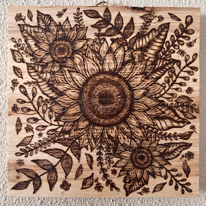Handmade Wood Burned Sunflower Wall Decor