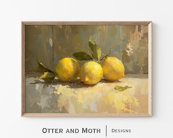 Lemons Still Life, lemons, Kitchen Wall art, Fruit art print, Wall Decor, Cottagecore, Digital Download, Impressionist Still Life, Vintage