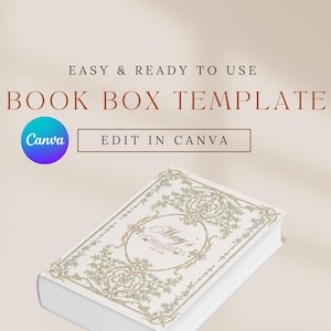 May include: A book box template with the text "EASY & READY TO USE BOOK BOX TEMPLATE". The book has a white cover with an ornate floral design and the text "Mary's Est. 2016". The Canva logo is visible.