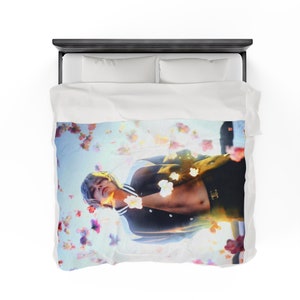 BTS V Taehyung Image on Velveteen Plush Blanket Throw for BTS Room Floral Spring Tae fan collection