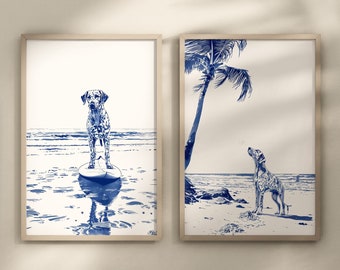 Dalmatian On The Coast | Set Of 2 | Simplistic Beach Life | Dog Lover Gift | Beach House Wall Art | Blue Color Sketch | Download & Printable