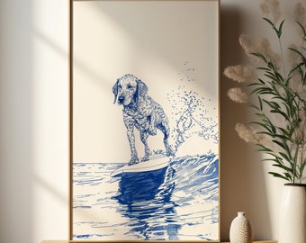 May include: A blue and white illustration of a dog surfing on a wave. The dog is standing on a surfboard and has a determined expression on its face. The wave is crashing behind the dog, and there are splashes of water in the air.