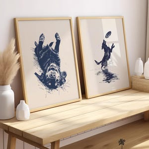 Dog Beach Day | Playing In Sand & Frisbee | Set of 2 Coastal Pup Art | Cute Dog Lover Home Decor | Blue Coastal Sketch Printable Download