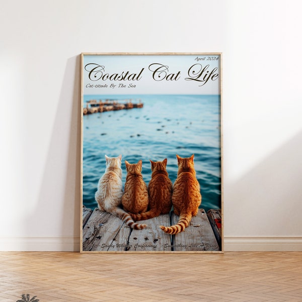 Coastal Cat Life - Whimsical Beach Cats - Catfishing Friends On Dock - Cat Tails - Trendy Bathroom Dorm Art -Humorous - Digital Download