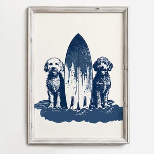 Happy Doodle Dogs With Surfboard | Whimsical Doodle Beach Dog Art | Fun Summer Beach Cottage Decor | Blue Sketch | Dog Printable & Download