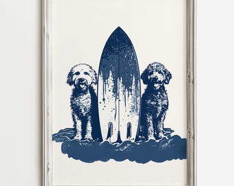 May include: Framed print featuring two dogs flanking a surfboard. The surfboard is navy blue with white accents, and the dogs are depicted in a similar navy blue color. The print has a white background and a light gray frame.