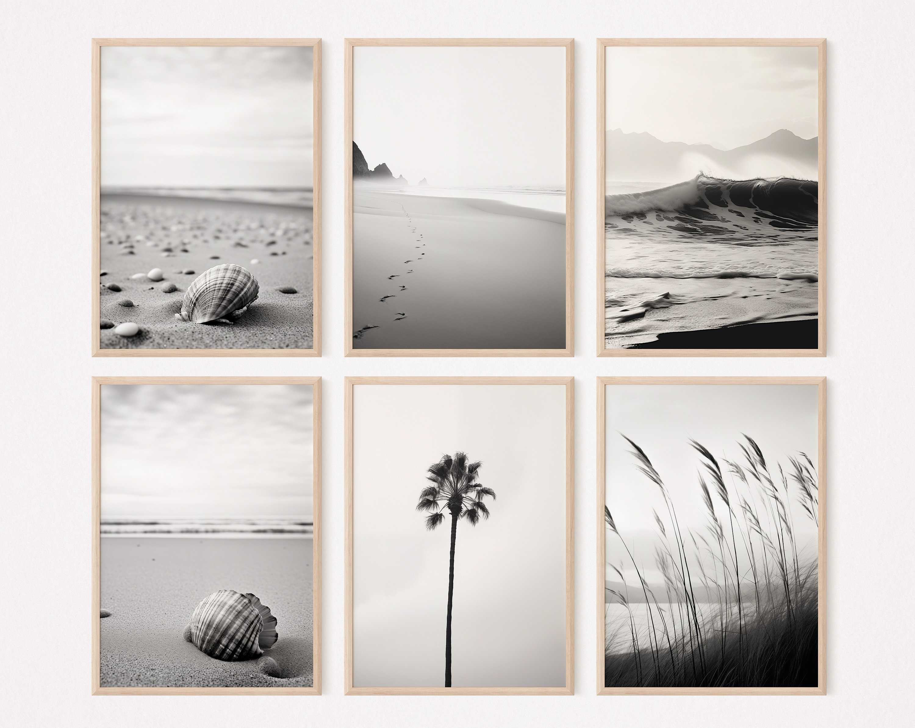 Coastal Beach Art | Collection Of 6 Prints | Monochromatic Ocean Waves Palm Tree Shell | Serene Relaxing Wall Art | Printable & Download