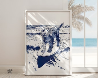 Happy Beach Doodle Surfing Waves - Vintage Coastal Home Print - Dog Surfing Room Wall Art Adorable Fun Dog Lovers Simple Navy Blue Sketch