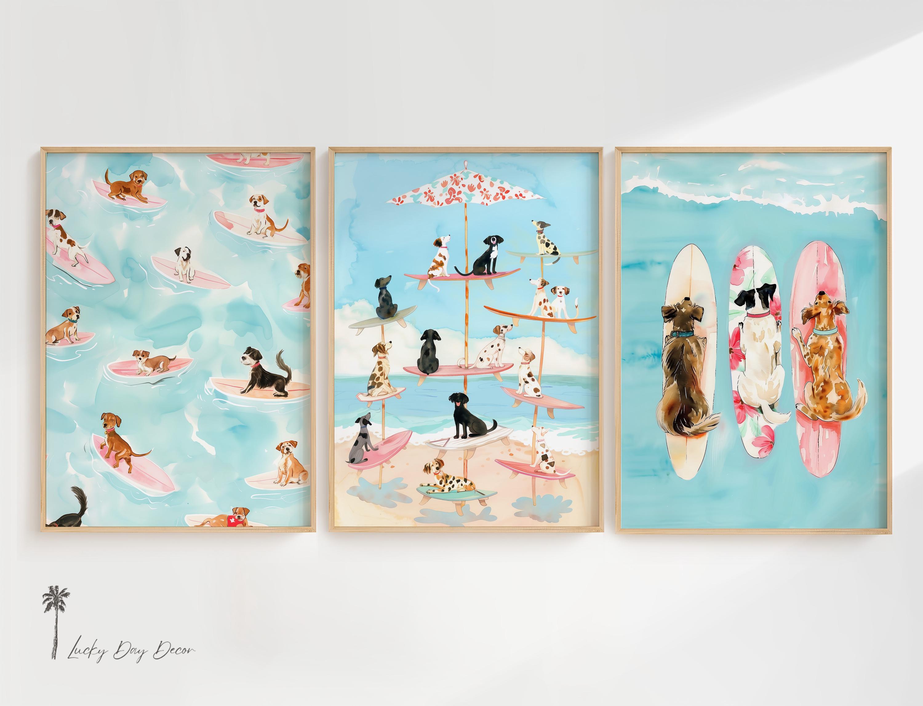 Whimsical Surfing Dogs | Cute Collection Of 3 | Fun Fanciful Waterdog Art | Colorful Pink & Aqua Pastel Paintings | Beach Dog Printable