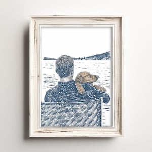 Golden Retriever Puppy On Dad | Lake Dog Sketch Art | Loving Family Print | Cottage Beach Home Wall Decor | Dog Printable | Digital Download