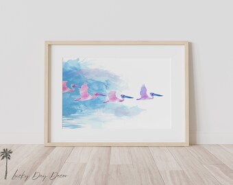 Pink Pelicans Flying | Pastel Pink Blue Painting | Watercolor Medium | Beach House Print | Simplistic Pelican Printable | Digital Download