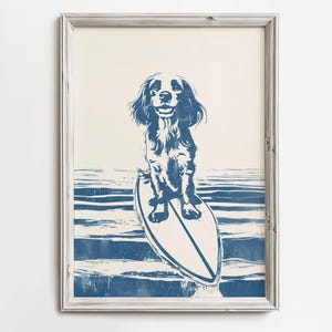 May include: A blue and white illustration of a dog surfing on a surfboard in the ocean. The dog is sitting on the surfboard with its paws on the board and its tail wagging. The ocean is depicted with blue and white waves.