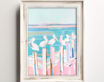 Pastel Pelicans Posting Up | Watercolor Painting | Oceanfront Home Art | Coastal Sea Life Wall Decor | Summer Printable | Digital Download