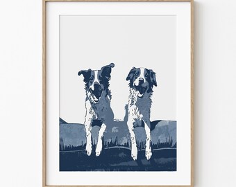 Cama de día con perros pastores sonrientes / Perros felices y alegres / Border Collie y pastor australiano / Arte canino lindo / Boceto azul / Perro imprimible para descargar