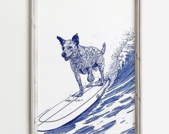 May include: A blue and white illustration of a dog surfing on a wave. The dog is a blue heeler breed and is standing on a surfboard with its front paws on the board and its back paws in the air. The dog is looking to the left of the image. The wave is behind the dog and is breaking. The background is white.