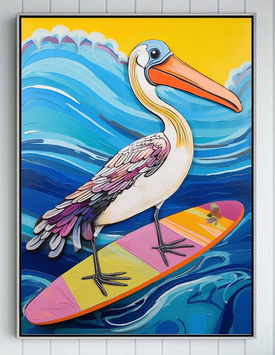 Whimsical Pelican Surfing | Tropical Bird Beach Art | Colorful