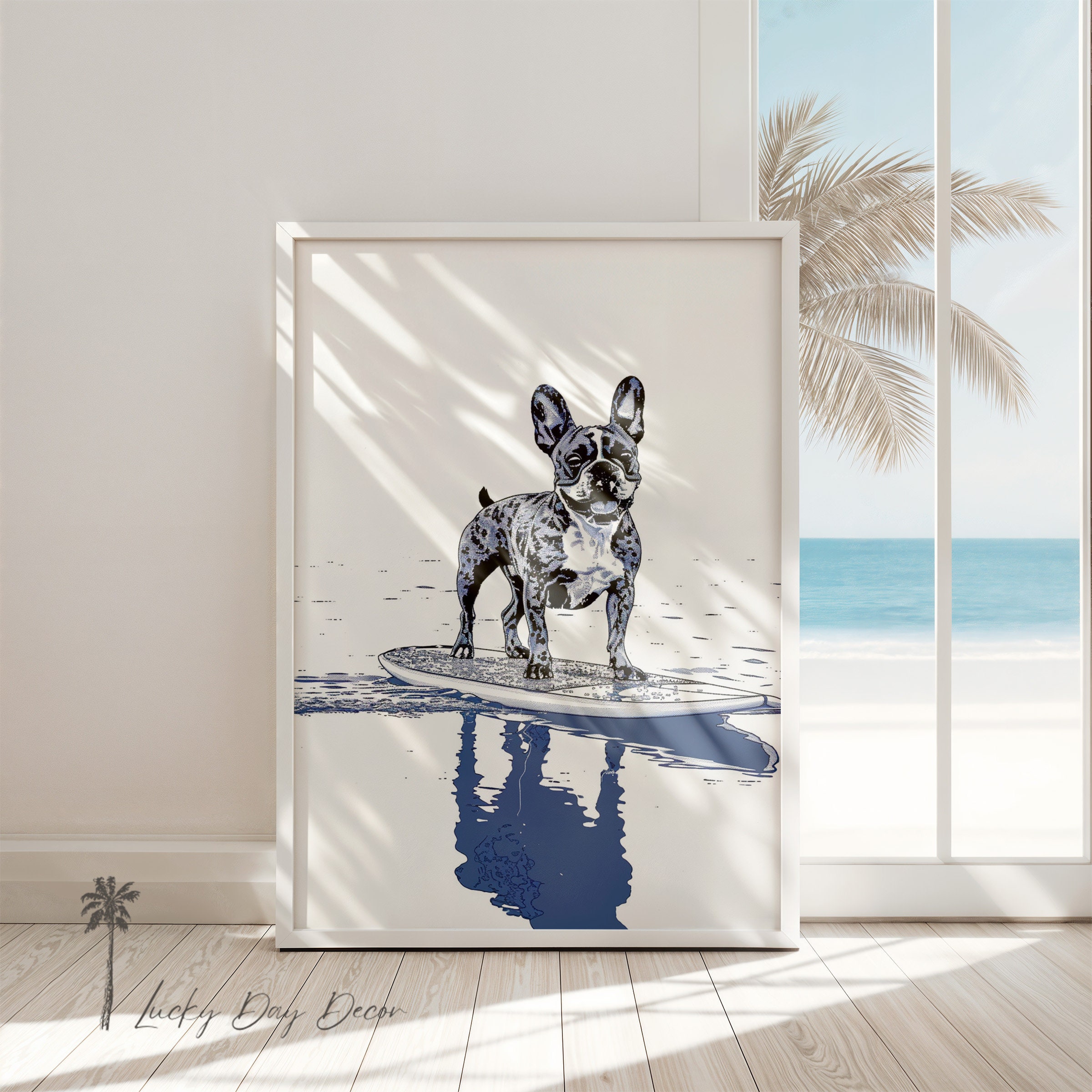 シュガーブー　sugarboo Designs アート　古材　フレンチブルドッグ Vintage French Bulldog Surfing Print - Coastal Home Wall Art for