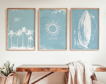 Sun Surfboard Palms | Collection of 3 Beach Art | Coastal Living Room Art | Soft Blue Turquoise Colors | Fun Beach Imagery | Surfing Art