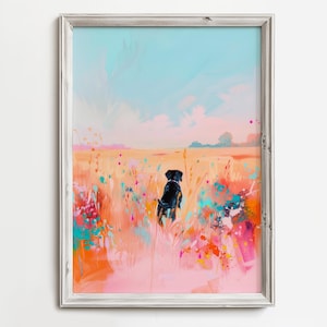 Black Labrador In Pink Field | Colorful Pink Field Dog Painting | Abstract Pastel Print | Girly Puppy Pet Portrait | Dog Printable Download