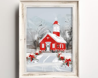 Landrote Kirche | Gemälde Winter Kunst | Weihnachtsfeiertags-Kunst | Verschneite Saisonales Poster | Impressionistische Wohnkultur | Druckbar