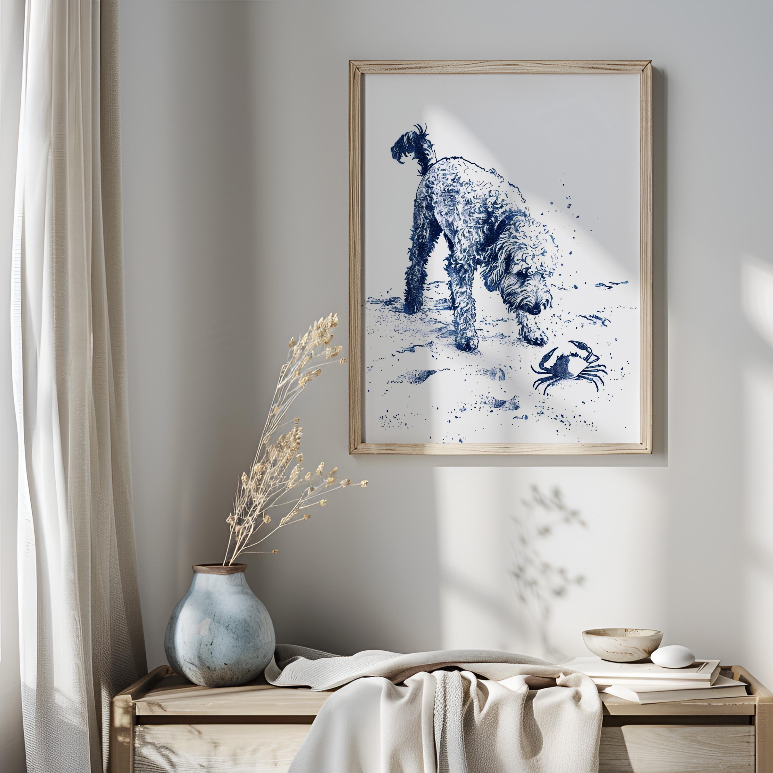 Beach Doodle Finds Crab | Coastal Dog Art | Cute Blue Sketch Art