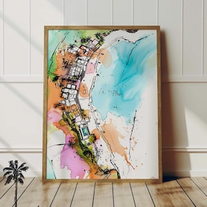 Carte colorée de la ville côtière - impression aérienne de plage - art mural de la chambre océan vibrant - style bohème maison de plage - Surf Island Art imprimable téléchargement