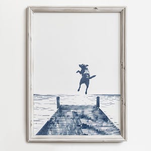 Happy Dog Jumps Off Dock | Summer Lake Artwork | Blue Sketch Art Print | Wall Decor For Cottage House | Dog Printable | Digital Download