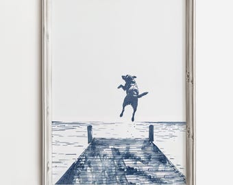 Happy Dog Jumps Off Dock | Summer Lake Artwork | Blue Sketch Art Print | Wall Decor For Cottage House | Dog Printable | Digital Download