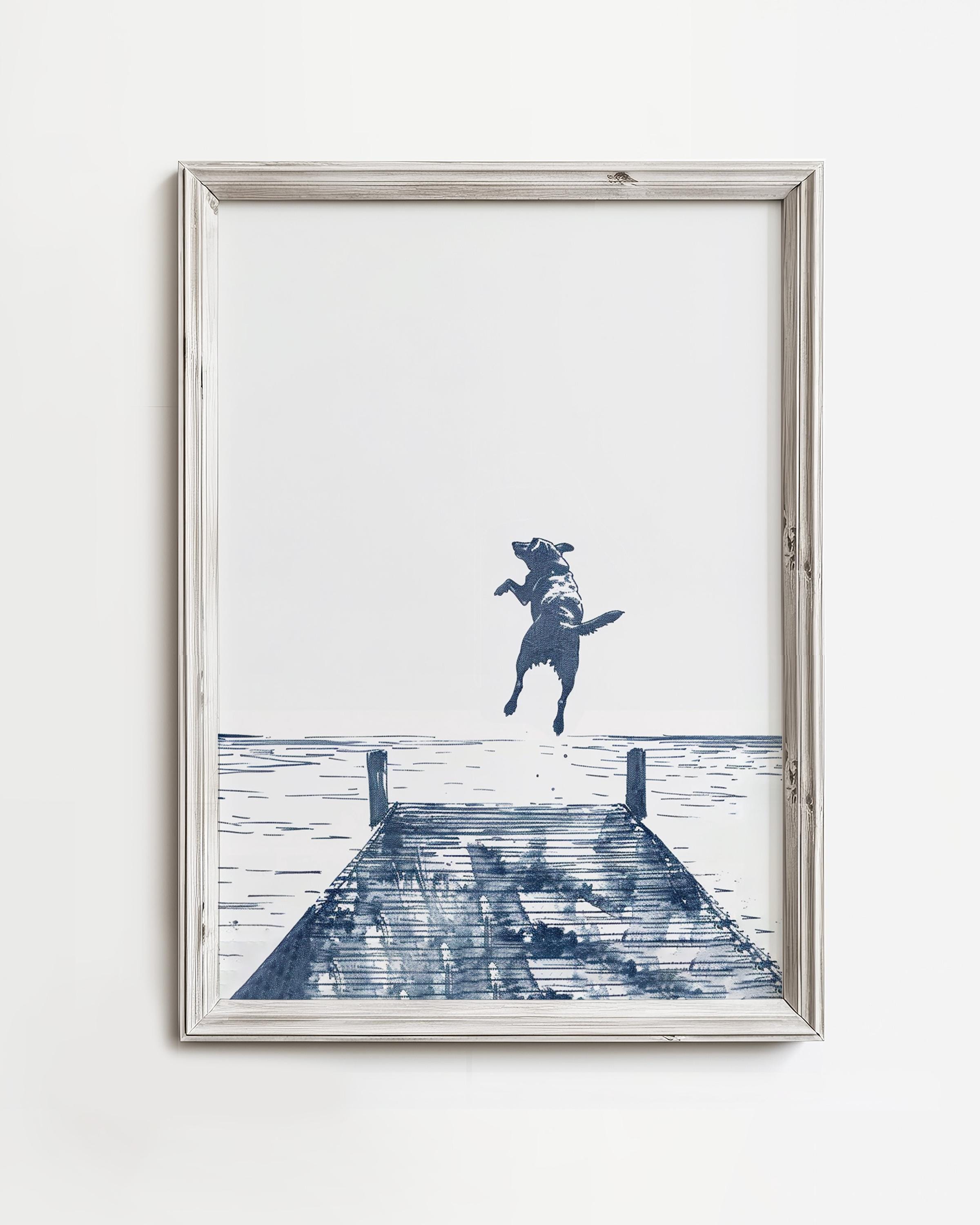 Happy Dog Jumps Off Dock | Summer Lake Artwork | Blue Sketch Art Print | Wall Decor For Cottage House | Dog Printable | Digital Download