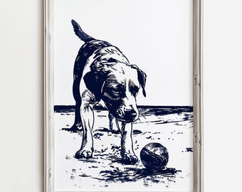 Filhote de cachorro encontra bola de tênis de praia | Cachorro fofo da costa | Arte de parede para casa de verão | Arte de esboço de cachorro do lago | Decoração de casa de praia | Download para impressão de cachorro