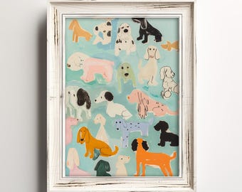Puede incluir: Una impresión artística enmarcada con una ilustración caprichosa de varias razas de perros en diferentes colores. Los perros están representados sobre un fondo azul claro, y el marco es blanco con un acabado envejecido.