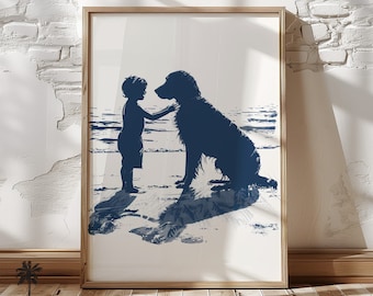 Happy Beach Labrador Dog With Her Boy - Vintage Coastal Home Print - Nursery Room Wall Art - Adorable Fun Dog Lovers Simple Navy Blue Sketch