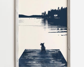 May include: A black and white illustration of a dog sitting on a wooden dock overlooking a lake with a house and trees in the background.