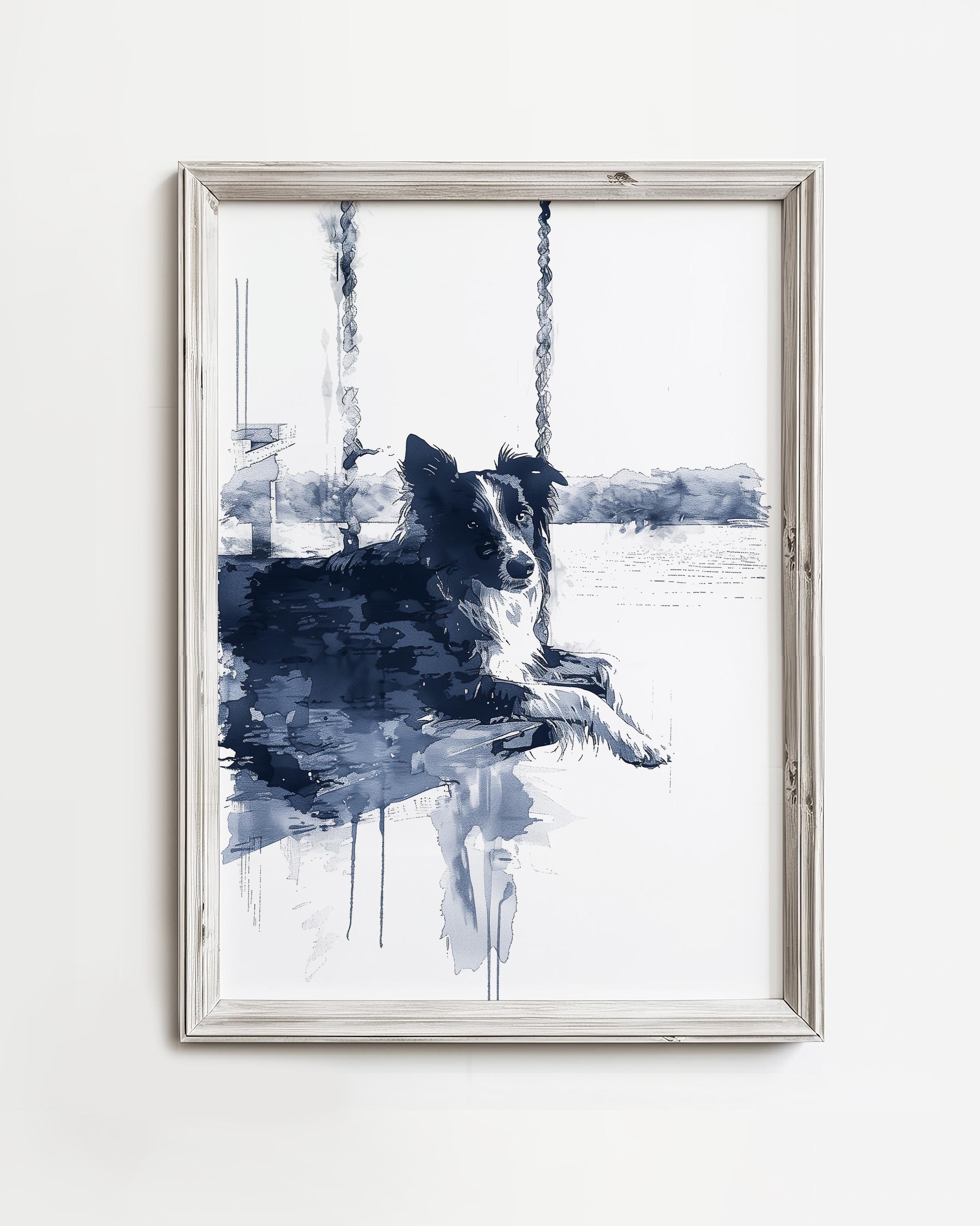 Border Collie On Swing | Rustic Coastal Dog Print | Front Porch Wall Art | Lake Dog Sketch Art | Beach Cottage Decor | Printable Download