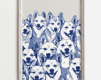 Shiba Inus Smiling | Fun Adorable Dogs | Cute Home Wall Art | Shiba Inu Decor | Blue Sketch | Dog Printable | Digital Download