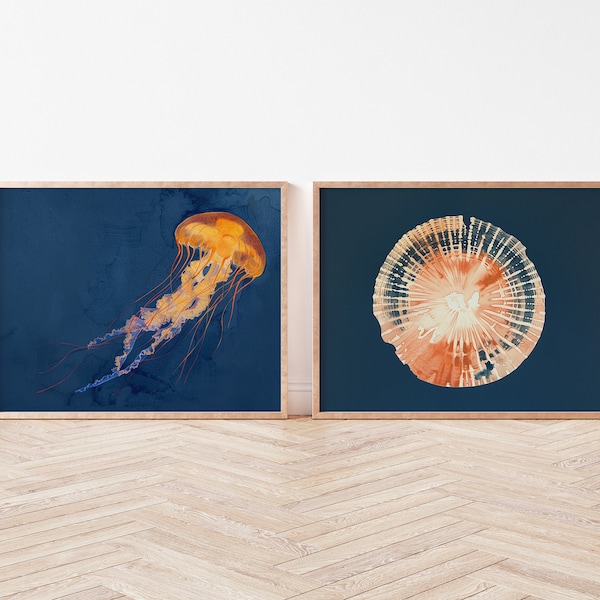 Sandollar Jellyfish Wall Art - Collection of 2 - Nautical Sealife - Vibrant Orange on Dark Blue Background - Beach House Art - Coastal Art