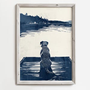 Goldener Labrador Auf Anlegesteg | Blauer Hund Skizze Print | Wanddekor für Cottage | Summer Lake Dog Kunstwerk - Tier druckbar - digitaler Download
