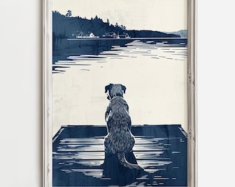 Golden Labrador On Dock | Blue Dog Sketch Print | Wall Decor For Cottage | Summer Lake Dog Artwork - Animal Printable - Digital Download